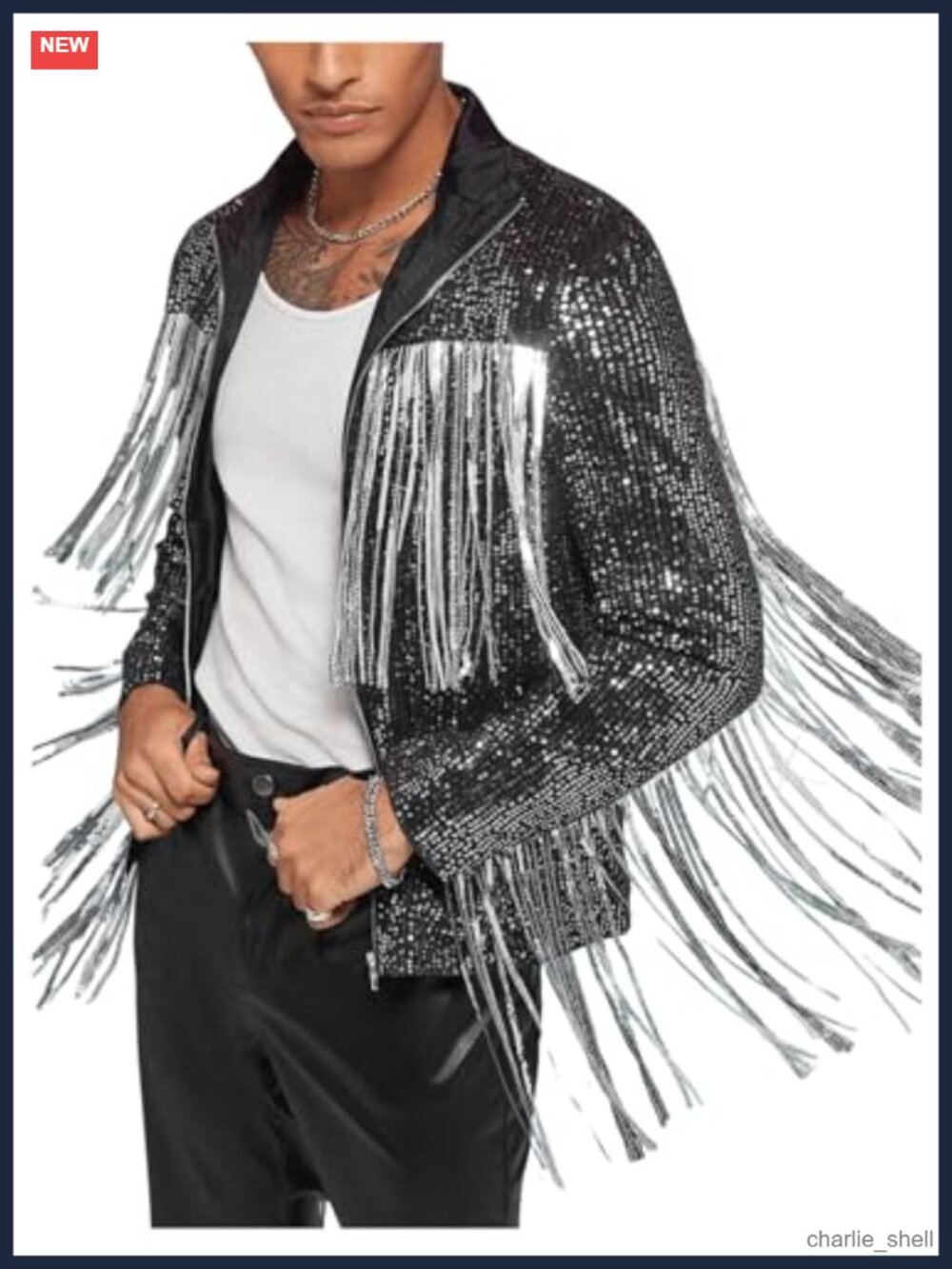 Men's Sequin Fringe Jacket Zip Up Long Sleeve Regular Fit Party Coat